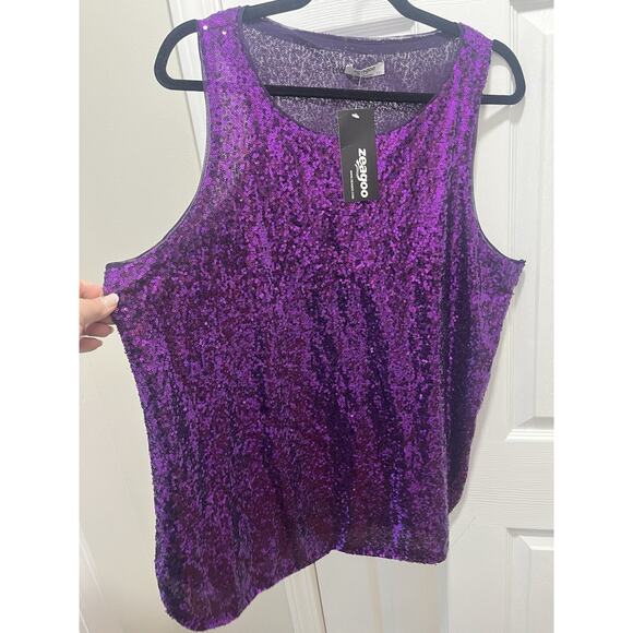NWT Zeagoo Purple Sequin Sleeveless Top Size 2X Tunic Rounded Bottom Lined - Picture 2 of 6